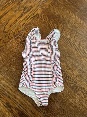 Minnow Girls Striped Ruffle One-Piece Swimsuit - Red, Blue, White